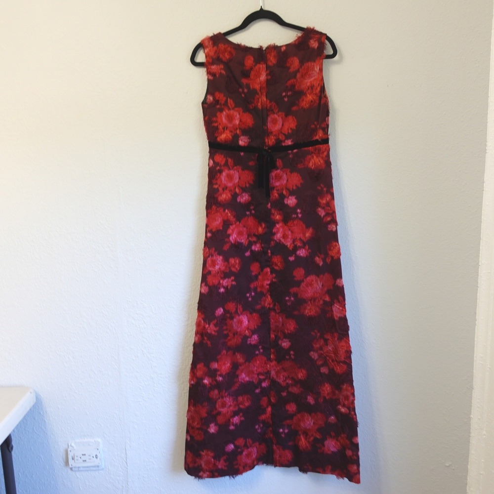Vintage Handmade Red Floral Fil Coupe Eyelash Maxi Dress Velvet Trim Sleeveless - Picture 4 of 13